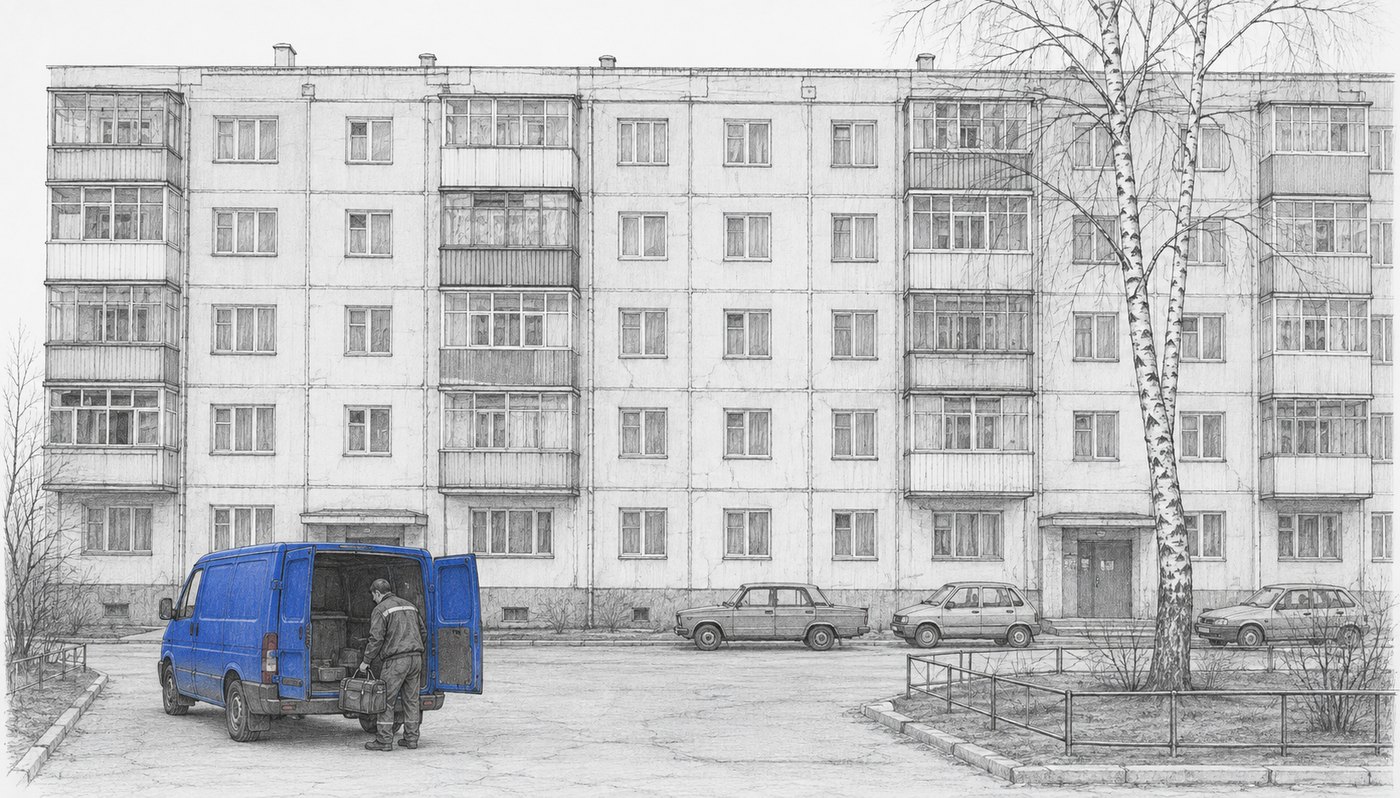 Карандашный рисунок. Мастер достаёт сумку с инструментом из машины, стоящей у обычного жилого дома на тихой улице.